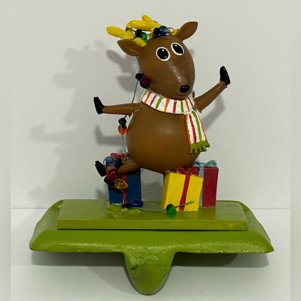 Vintage Christmas Reindeer Stocking Holder Shelf Sitter Heavy Metal